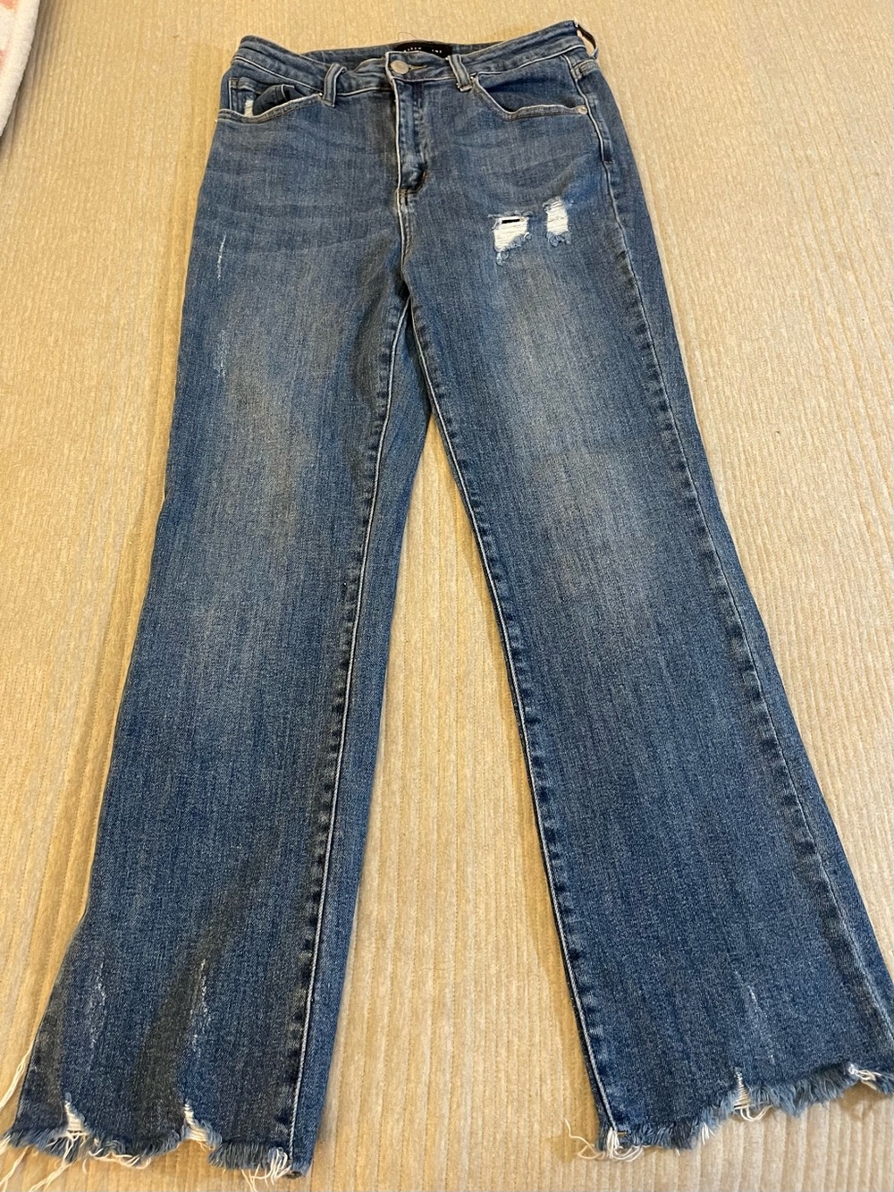 Risen Jeans Womens 29 Wide Leg Raw Hem Distressed Blue Denim High Rise Jeans